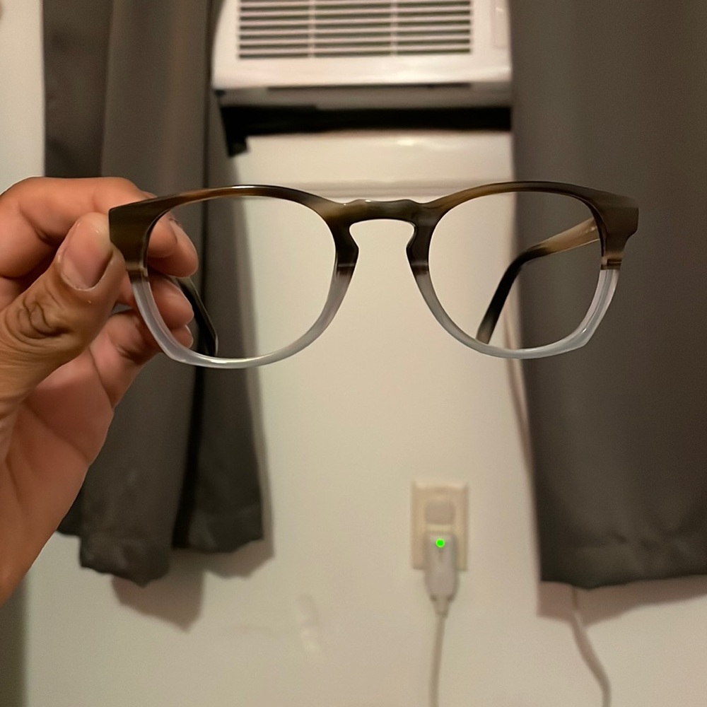 warby parker light blue and brownish frames